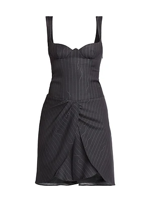 Pinstripe Wool-Blend Draped Minidress