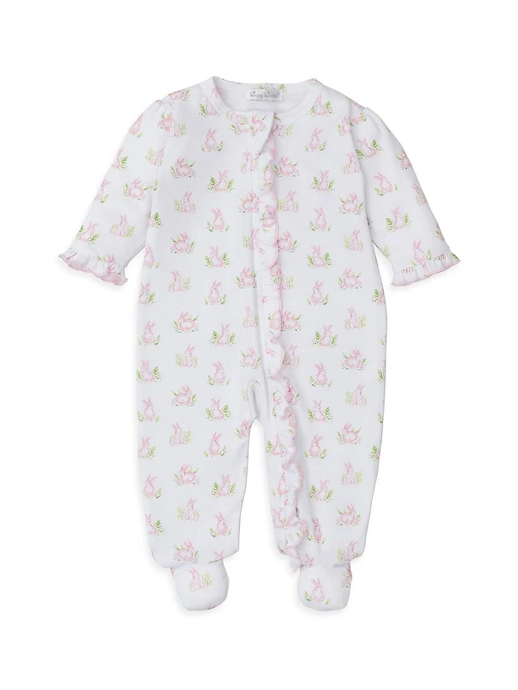 Baby Girl's Bunny Print Ruffle-Trim Footie