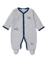 Baby Boy's Construction Embroidered Striped Footie