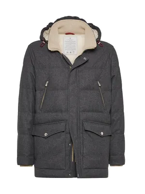 Wool, Silk And Cashmere Bonded Diagonal Down Jacket With Detachable Hood