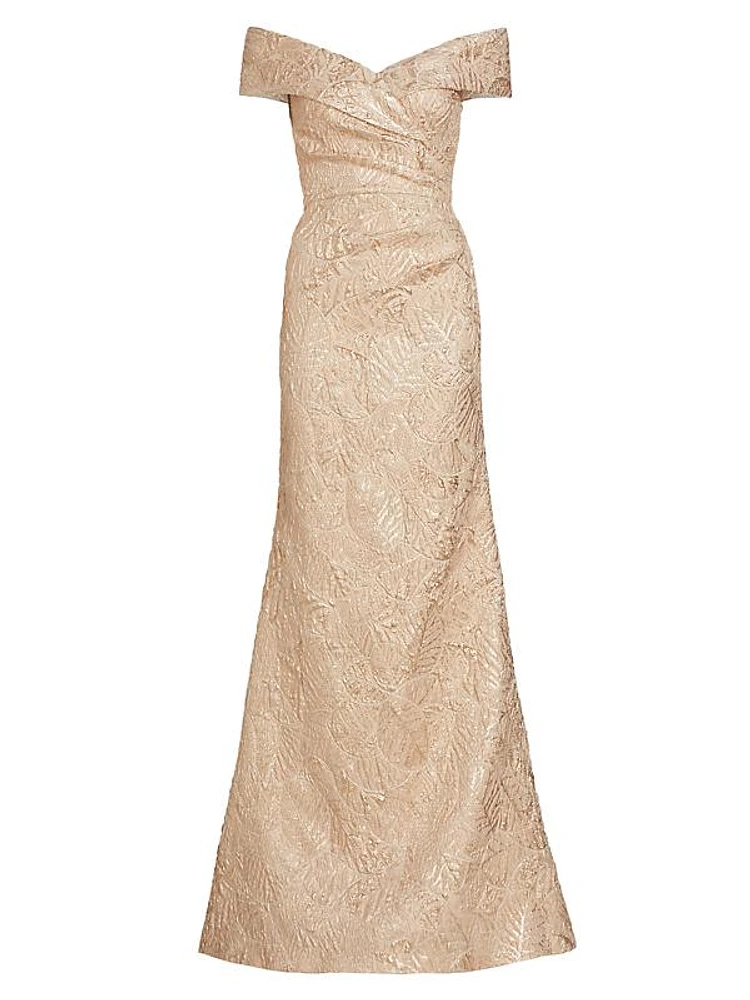 Metallic Jacquard Off-The-Shoulder Gown