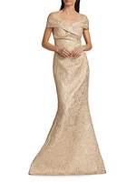 Metallic Jacquard Off-The-Shoulder Gown