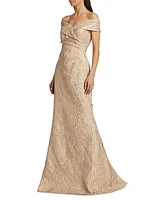 Metallic Jacquard Off-The-Shoulder Gown