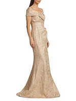 Metallic Jacquard Off-The-Shoulder Gown