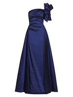 Asymmetric Bow-Embellished Satin Gown