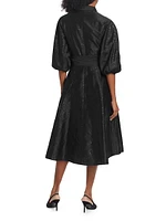 Sequined Taffeta Puff-Sleeve Midi Shirtdress