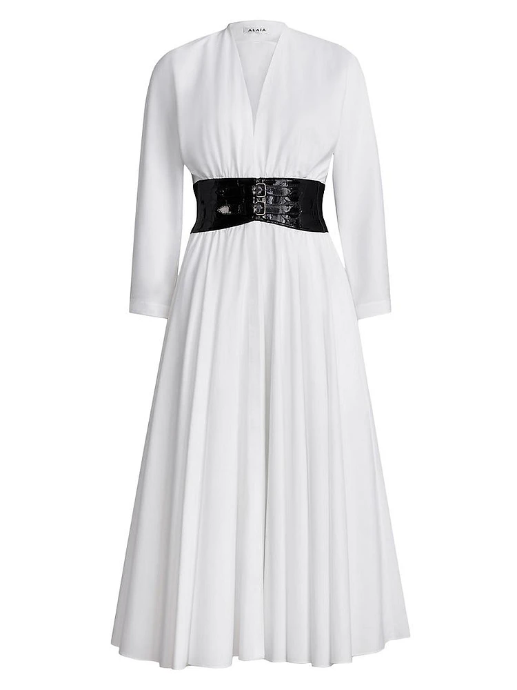 Belted Long-Sleeve Cotton Midi-Dress