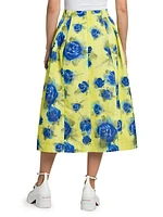 Flared Floral Cotton Midi-Skirt