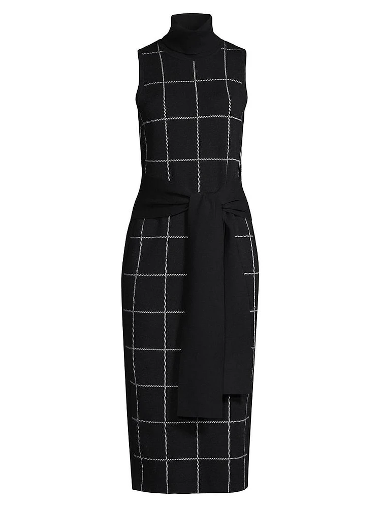 Peggy Windowpane Sleeveless Tie-Front Midi-Dress