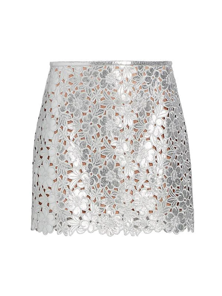 Floral Cut-Out Metallic Leather Miniskirt