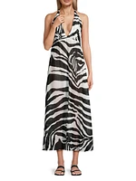 Zebra Cotton-Silk Halter Maxi Dress