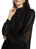 Strong Shoulder Pleated Satin Blouse