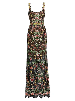 Floral Guipure Sleeveless Fit-&-Flare Gown