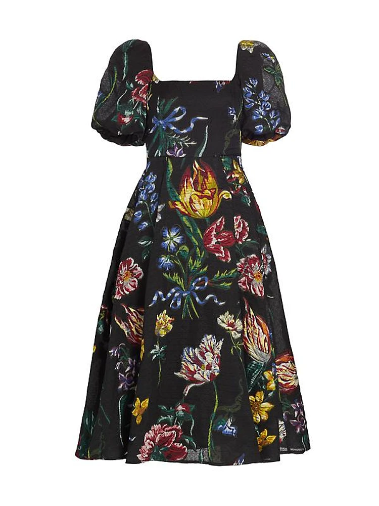 Floral Jacquard Puff-Sleeve A-Line Dress