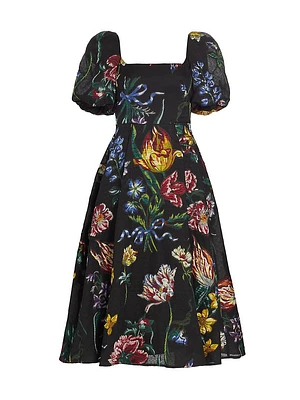 Floral Jacquard Puff-Sleeve A-Line Dress