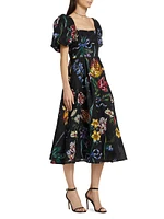 Floral Jacquard Puff-Sleeve A-Line Dress