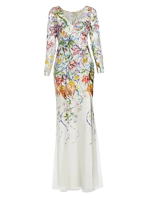 Floral Degradé Embroidered Tulle Fit-&-Flare Gown