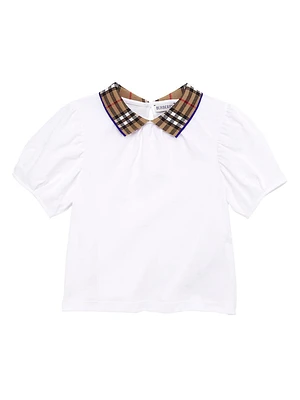 Little Girl's & Check Collar Puff-Sleeve Top