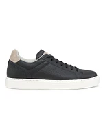 Suede-Trim Low-Top Leather Sneakers