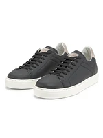 Suede-Trim Low-Top Leather Sneakers