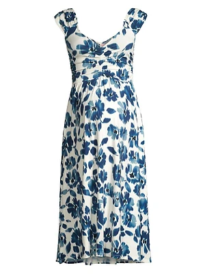 Cheri Floral Ikat-Inspired Maternity Midi-Dress