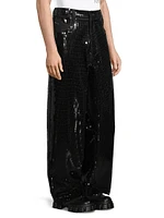 Sequin-Embellished Stretch Wide-Leg Jeans