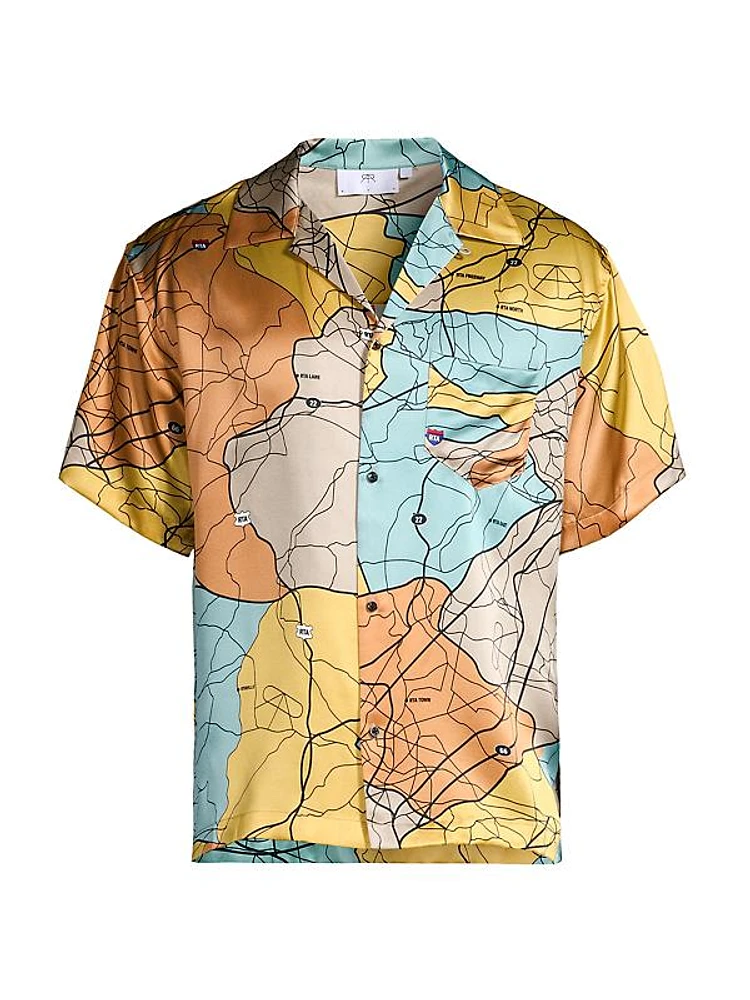 Road Map Print Silk Short-Sleeve Shirt