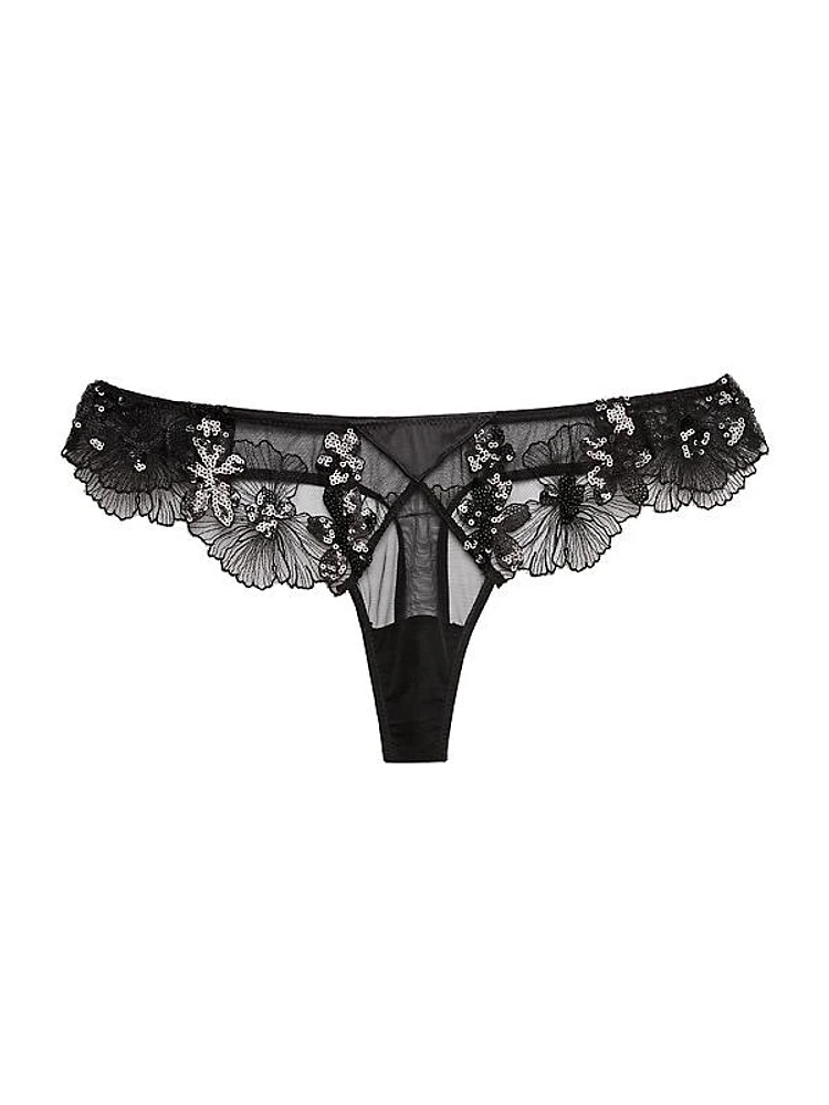 Embroidered Sequined Lace Thong