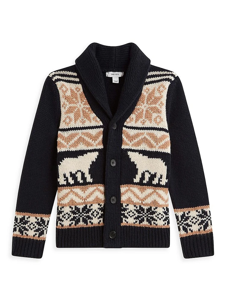 Little Boy's & Birch Intarsia-Knit Wool-Blend Shawl Collar Cardigan