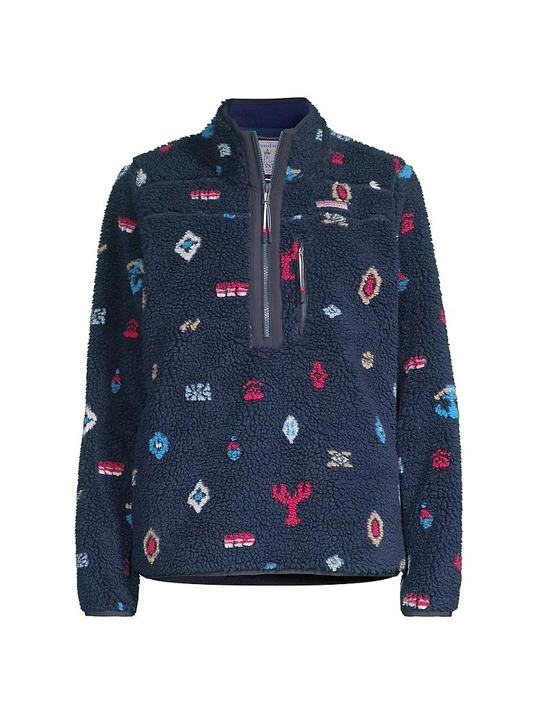 Nautical Icons Printed Zip-Up Sherpa Jacket