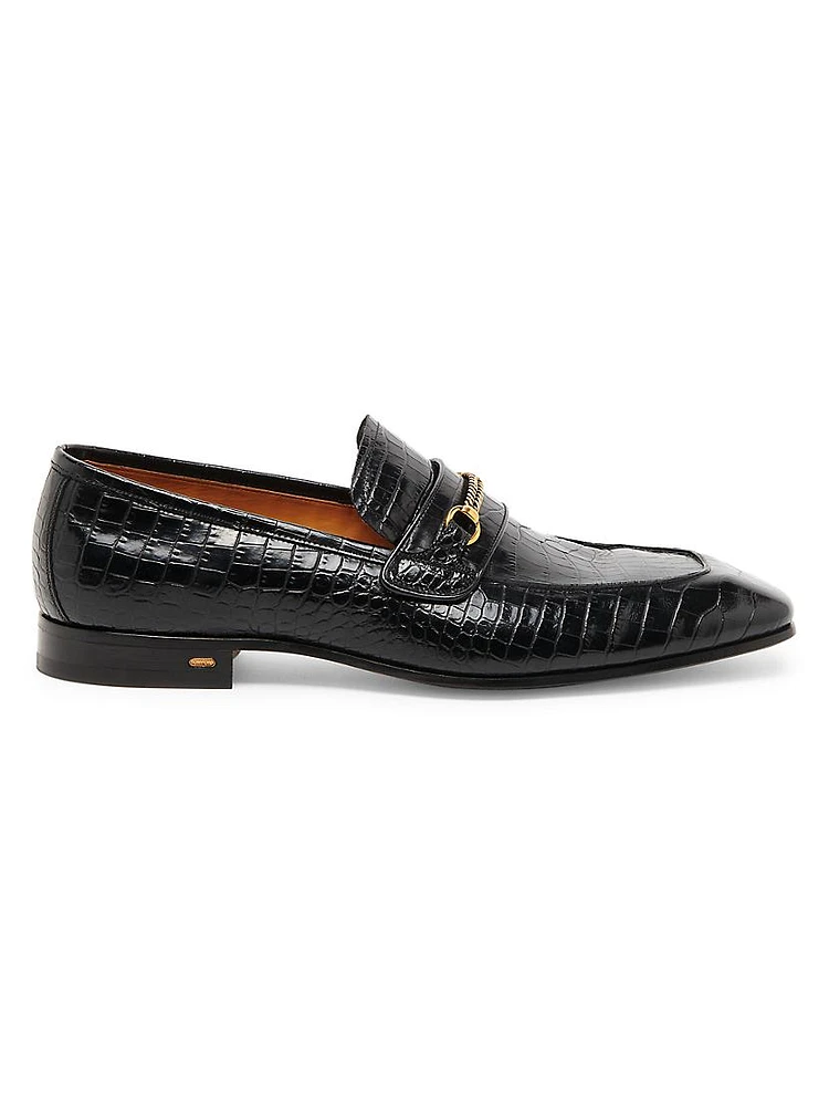 Bailey Chain-Trimmed Crocodile-Embossed Leather Loafers