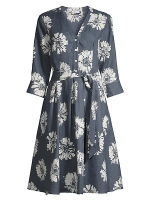 Floral Linen Belted Midi-Dress