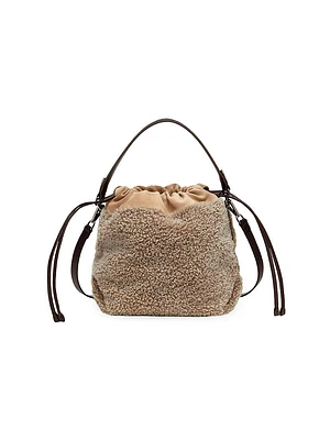 Curly Shearling And Suede Bucket Bag With Monili