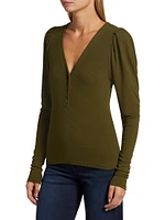 Ribbed Ruched-Sleeve Henley Sweater