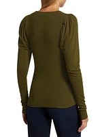 Ribbed Ruched-Sleeve Henley Sweater