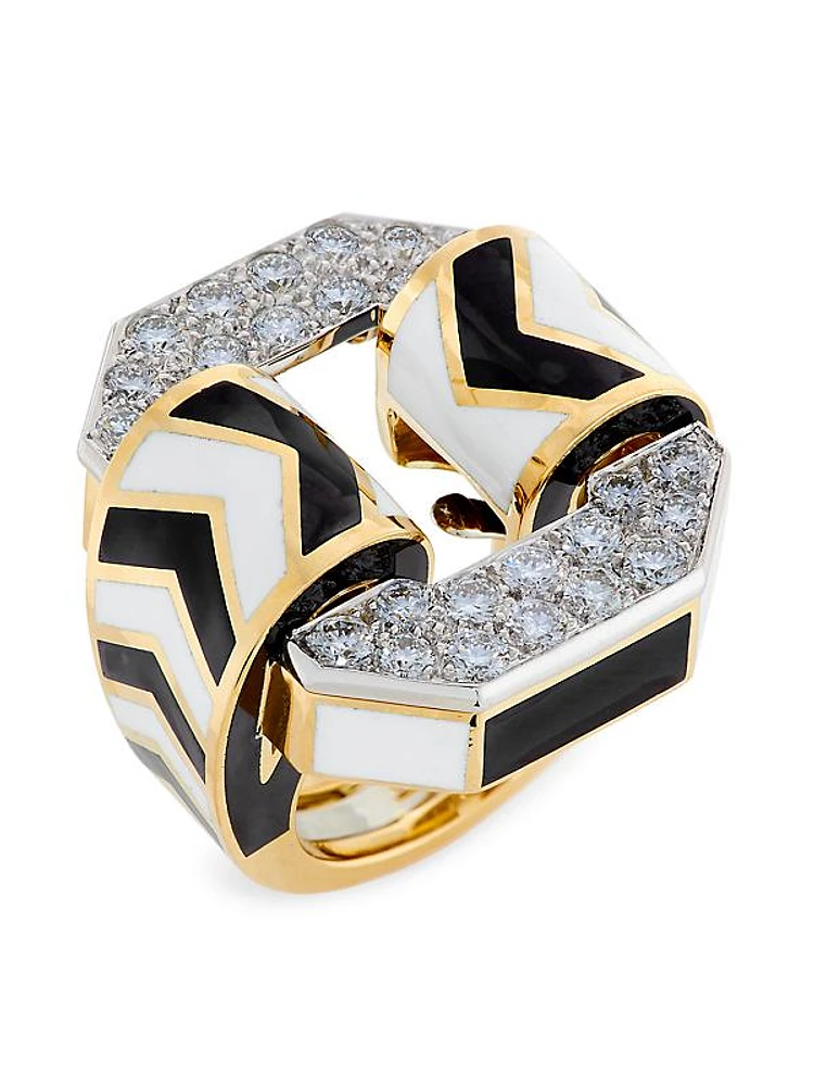 18K Yellow Gold, Platinum, Enamel & 2.35 TCW Diamond Chevron Ring