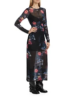 Ruched Floral Mesh Maxi Dress