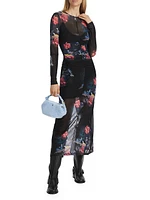 Ruched Floral Mesh Maxi Dress