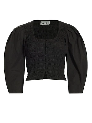 Smocked Cotton Puff-Sleeve Blouse