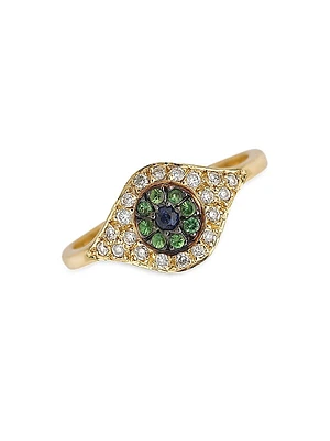 Evil Eye 18K Yellow Gold, Diamond, Tsavorite & Sapphire Cats Eye Ring
