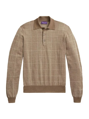 Plaid Cashmere-Silk Long-Sleeve Polo Sweater