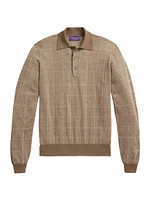 Plaid Cashmere-Silk Long-Sleeve Polo Sweater