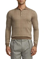 Plaid Cashmere-Silk Long-Sleeve Polo Sweater