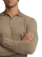 Plaid Cashmere-Silk Long-Sleeve Polo Sweater