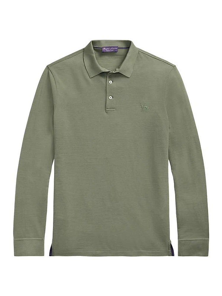 Piqué Wool Long-Sleeve Polo Shirt