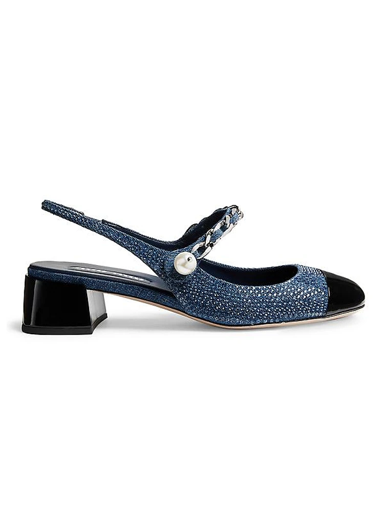 35MM Pearl-Chain Denim & Patent Leather Slingback Pumps