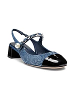 35MM Pearl-Chain Denim & Patent Leather Slingback Pumps