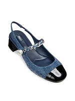 35MM Pearl-Chain Denim & Patent Leather Slingback Pumps