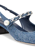 35MM Pearl-Chain Denim & Patent Leather Slingback Pumps