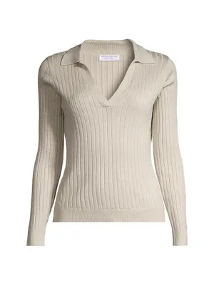 Rib-Knit Metallic Cotton V-Neck Polo Sweater